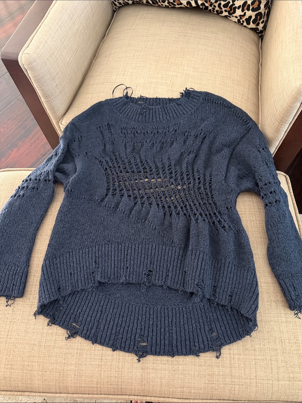 Zara Navy Distressed Open-Knit Crewneck Sweater